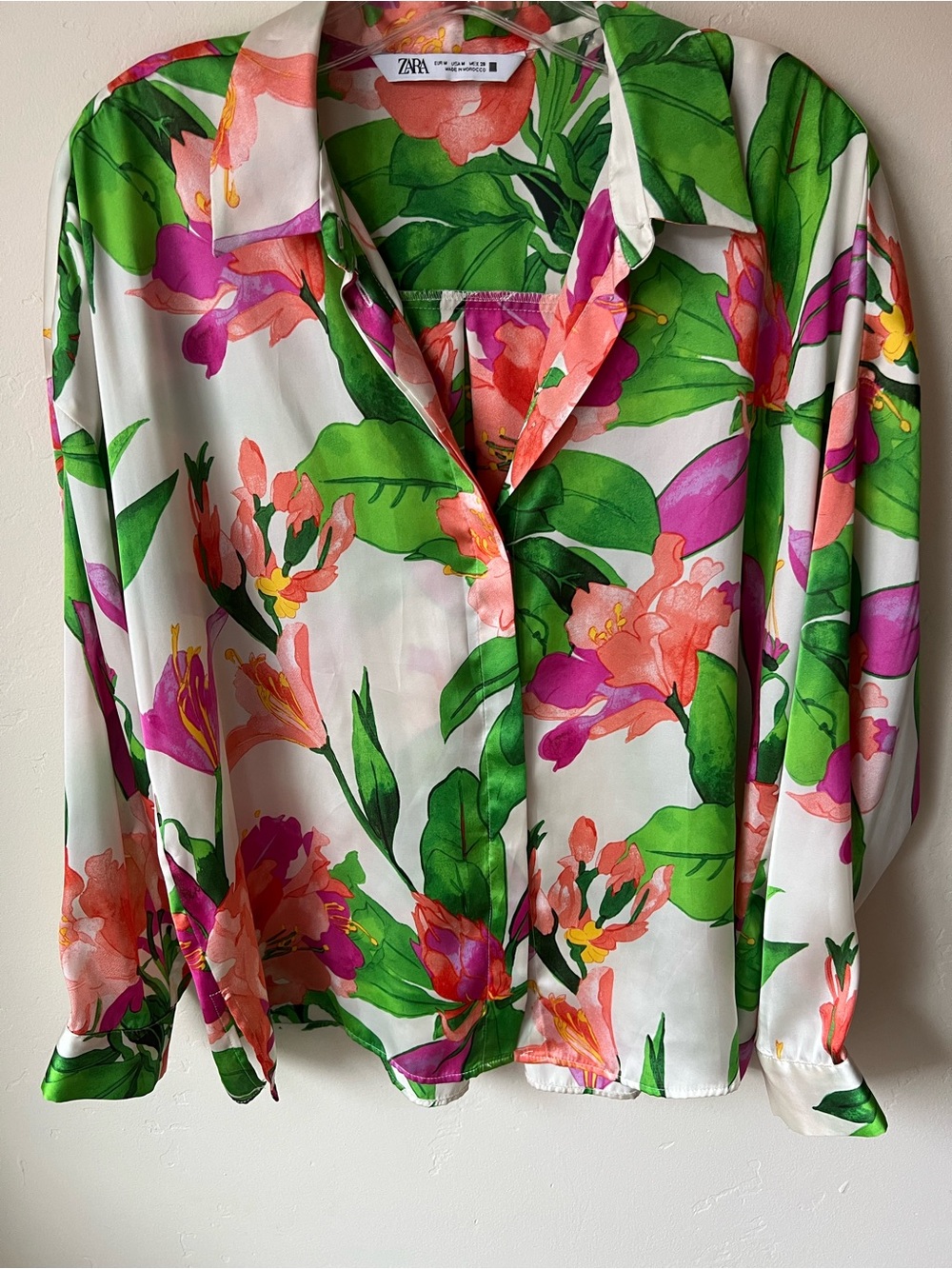 ZARA White Button-Down Shirt with Pink, Green & Orange Floral Print